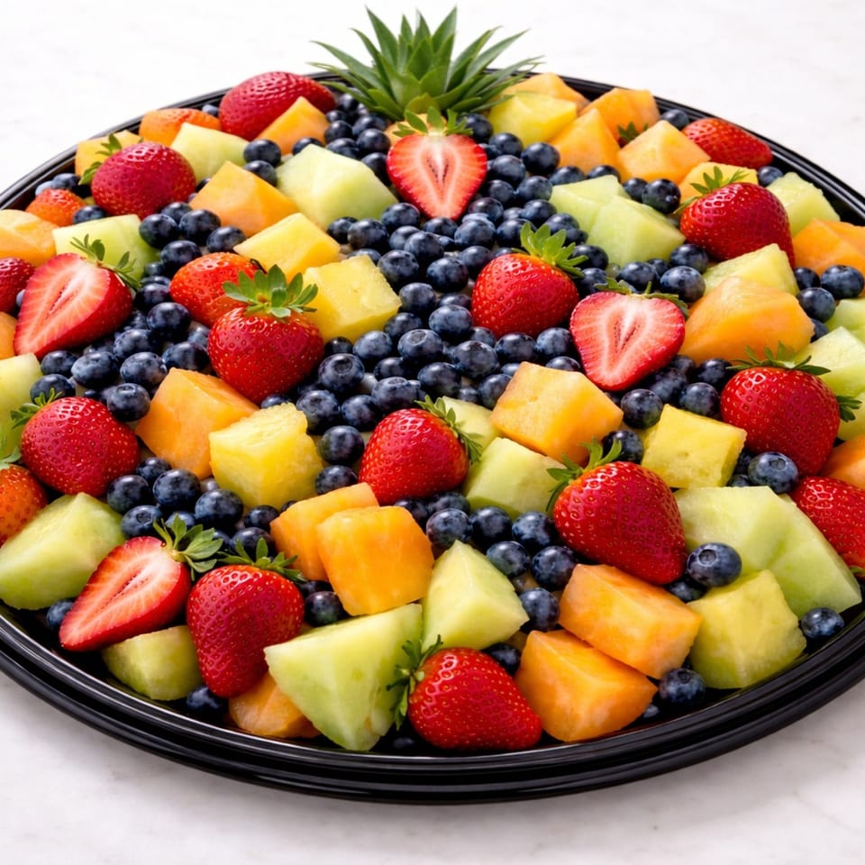 A black platter filled with fresh strawberries, blueberries, cantaloupe, honeydew, and pineapple chunks.
