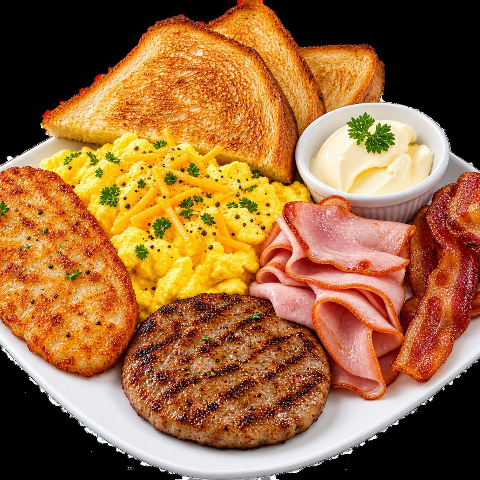 Breakfast platter with scrambled eggs, toast, grilled sausage patty, bacon, ham, and a bowl of creamy sauce.