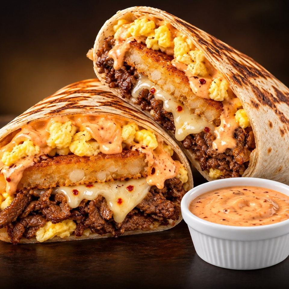 Two toasted breakfast burritos filled with scrambled eggs, seasoned beef, crispy potatoes, melted cheese, and spicy sauce beside dipping sauce.