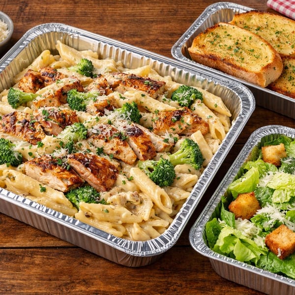 Chicken alfredo pasta with broccoli, garlic bread, and a side salad in aluminum catering trays.