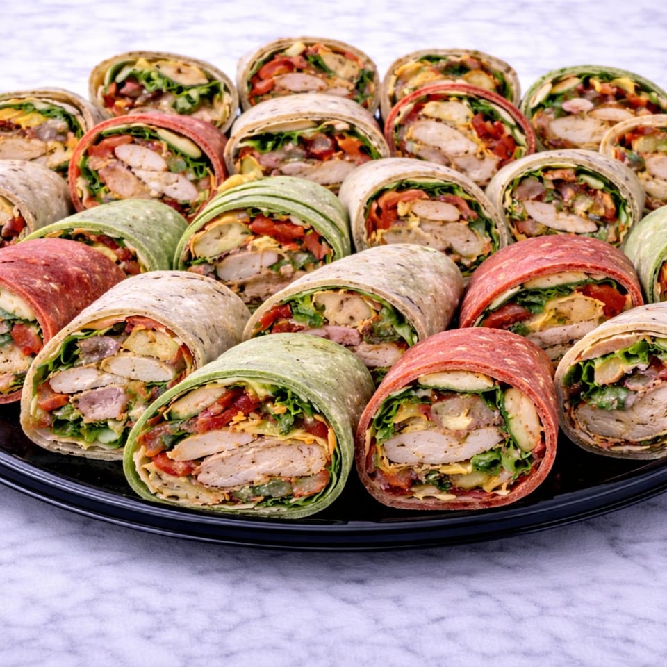 A black platter filled with numerous colorful wraps, cut in half, revealing chicken, lettuce, and tomatoes.