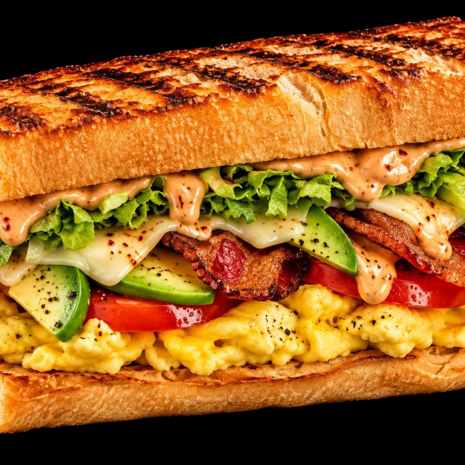 Close-up of a toasted baguette sandwich filled with crispy bacon, avocado, lettuce, tomato, cheese, and creamy sauce.