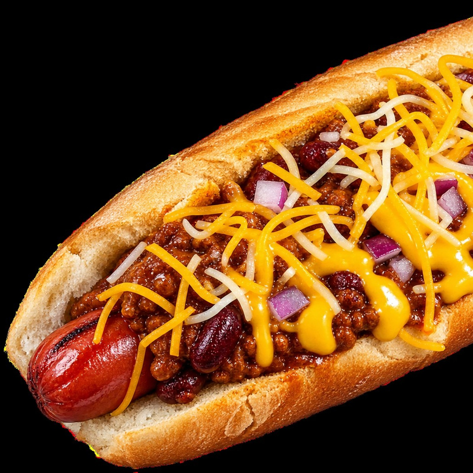 Chili cheese hot dog in a toasted bun, topped with beans, shredded cheese, onions, and melted cheese sauce.