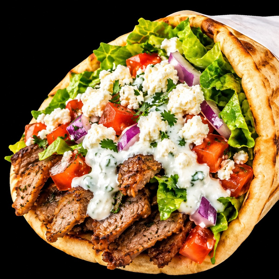 Greek-style pita topped with grilled meat, lettuce, tomatoes, red onion, feta, and creamy tzatziki sauce.
