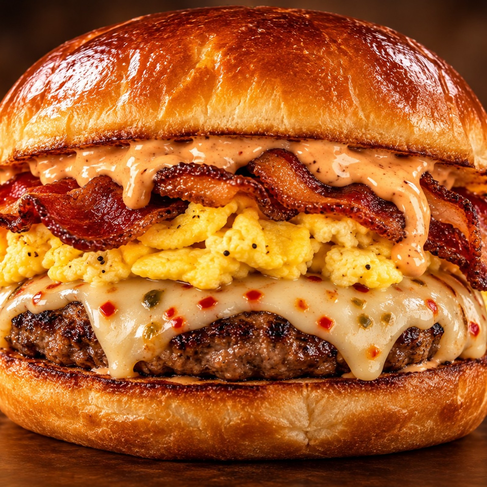 Close-up of a burger with a glossy brioche bun, beef patty, melted pepper-jack cheese, scrambled eggs, bacon, and creamy sauce.