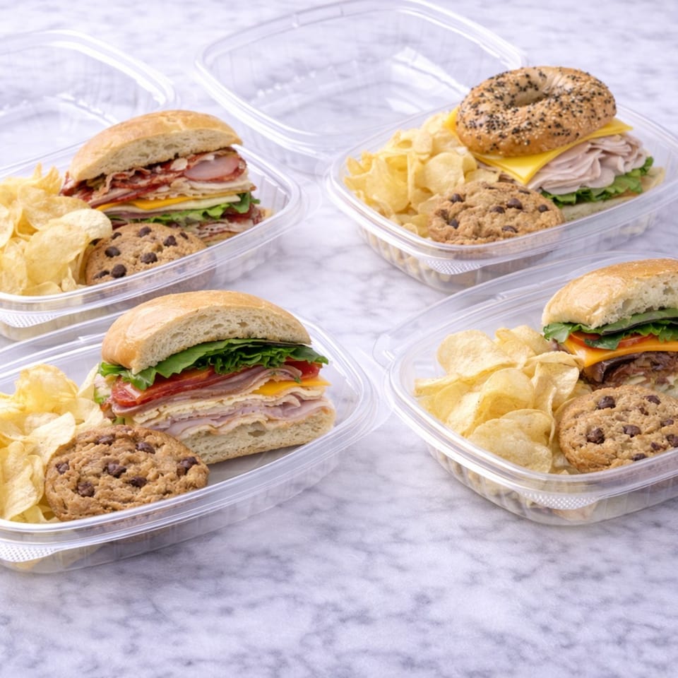 Four clear plastic containers with sandwiches, potato chips, and chocolate chip cookies on a marble surface.